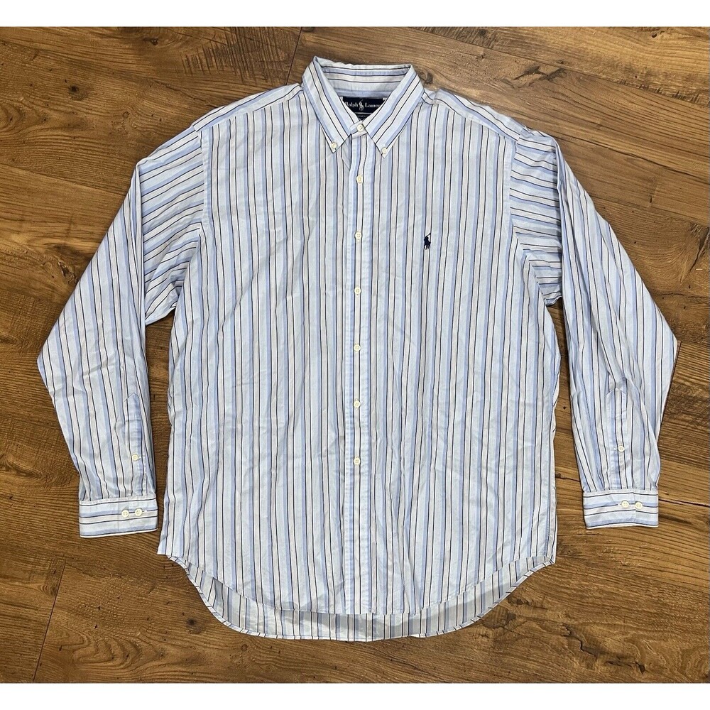 Ralph Lauren Shirt Mens Large 17, 36/37 Yarmouth Blue White Orange Vintage 80s
